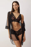 Black 3-Piece Tulle Lace Detailed Unlined Knitted Robe and Underwear Set