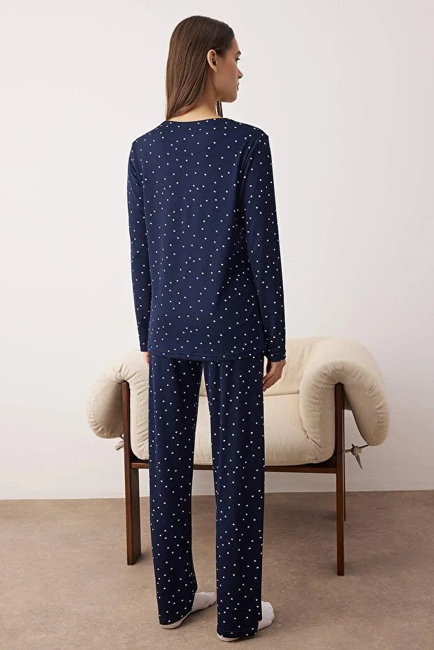 Navy Blue Polka Dot Teddy Bear Patched Soft Touch Winter Knitted Pajama Set