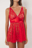 Red Lace Satin and Back Detailed Coverless Knitted Fantasy Nightgown