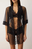 Black 3-Piece Tulle Lace Detailed Unlined Knitted Robe and Underwear Set