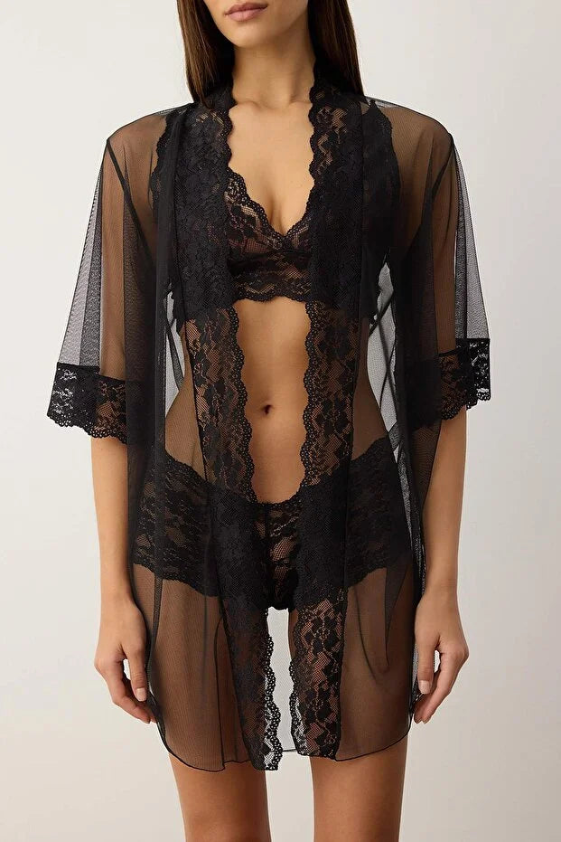 Black 3-Piece Tulle Lace Detailed Unlined Knitted Robe and Underwear Set