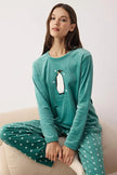 Green Snowflake Patterned Penguin Embroidered Velvet Knit Pajama Set