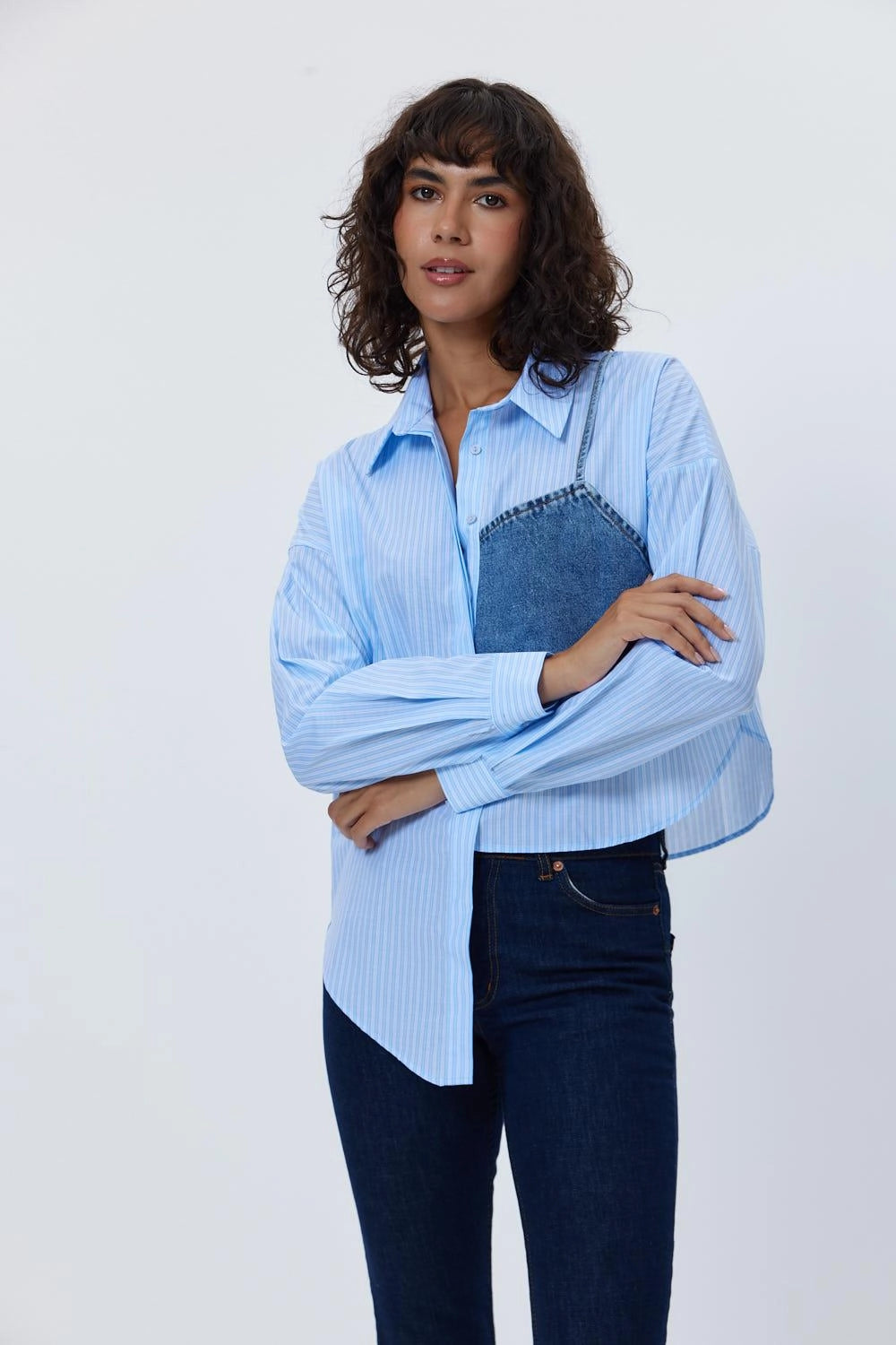 Striped Asymmetric Detailed Blue and White Women's Shirt