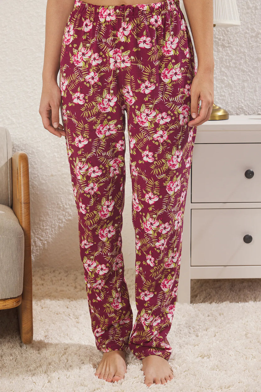 Fuchsia-Multicolored 100% Cotton Floral Knitted Pajama Set
