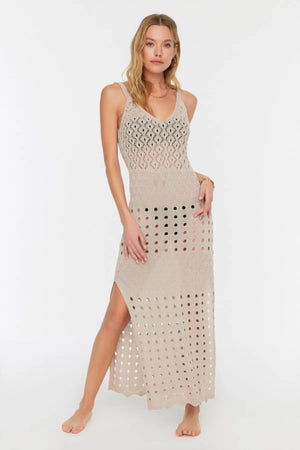 Beige Body-fitting Maxi Knit Slit Beach Dress