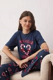 Navy Blue Christmas-Themed Heart Knitted Pajama Set