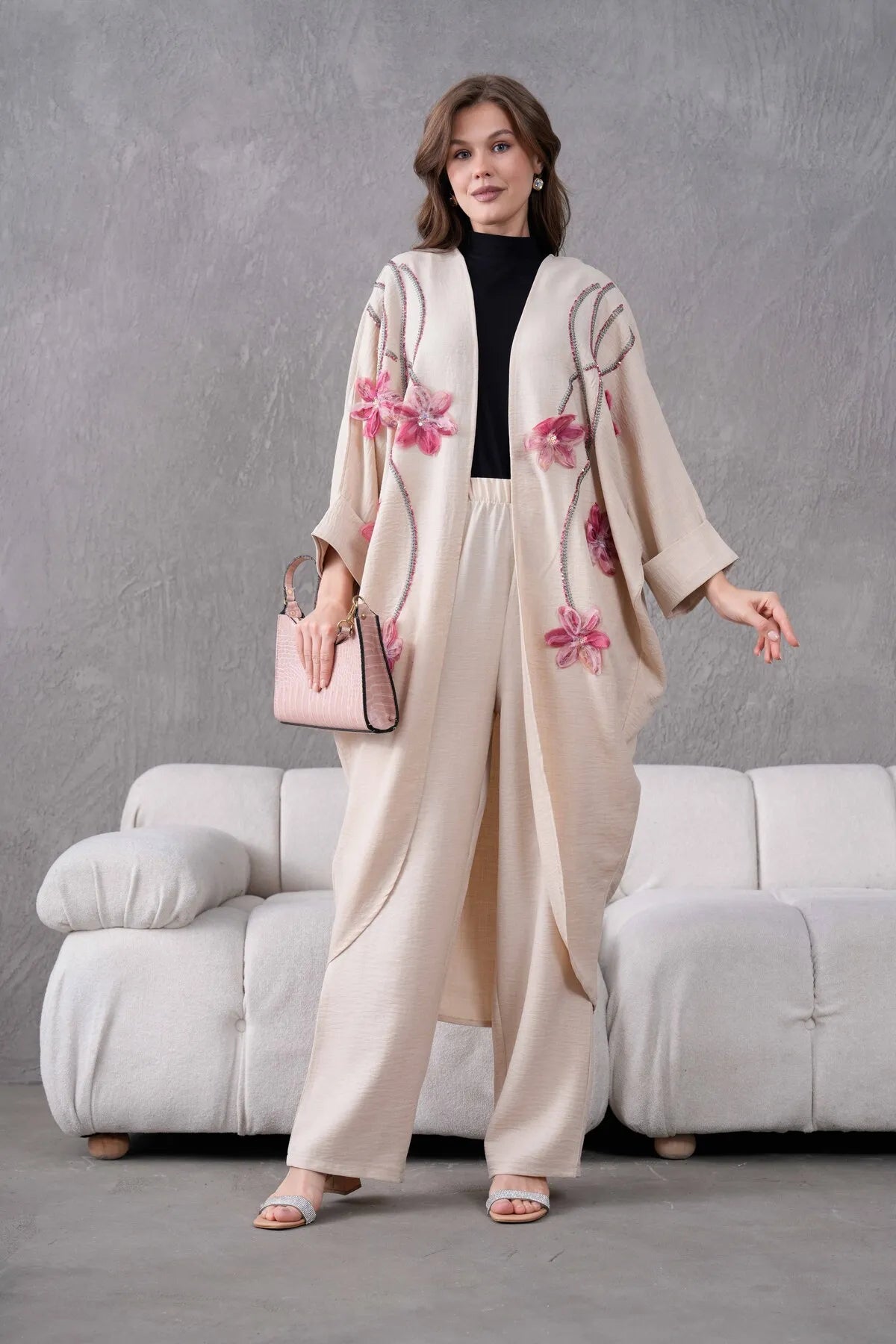 Women's Front Sequin Embroidered Tulle Flower Embroidered Linen Kimono and Trousers Bottom and Top Set