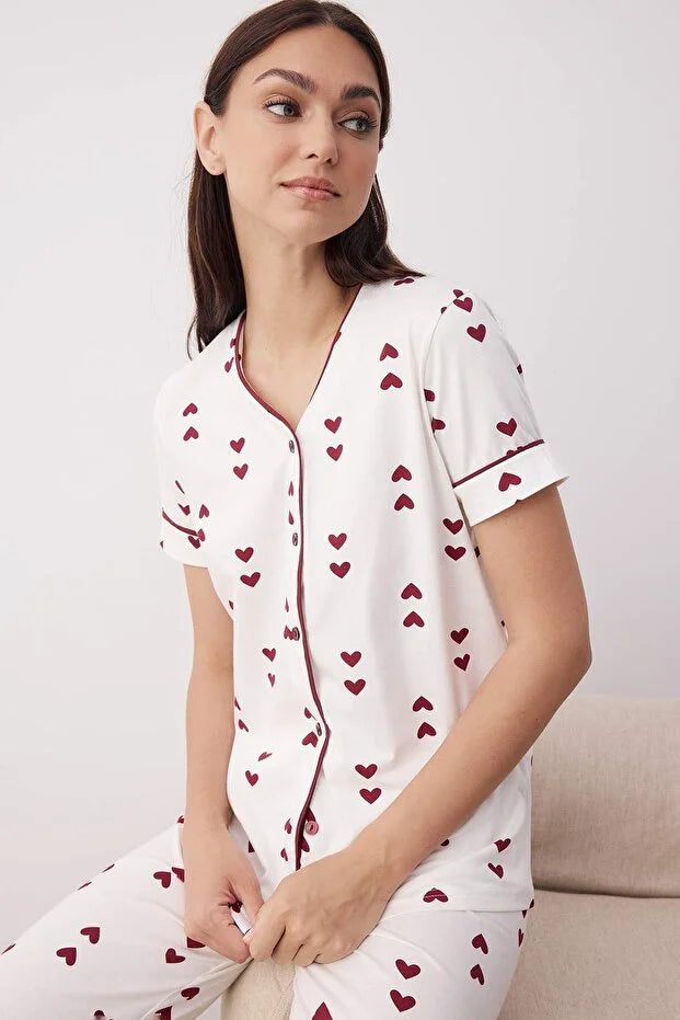 White Cotton Lycra Soft Touch Heart-Plated Knit Pajama Set