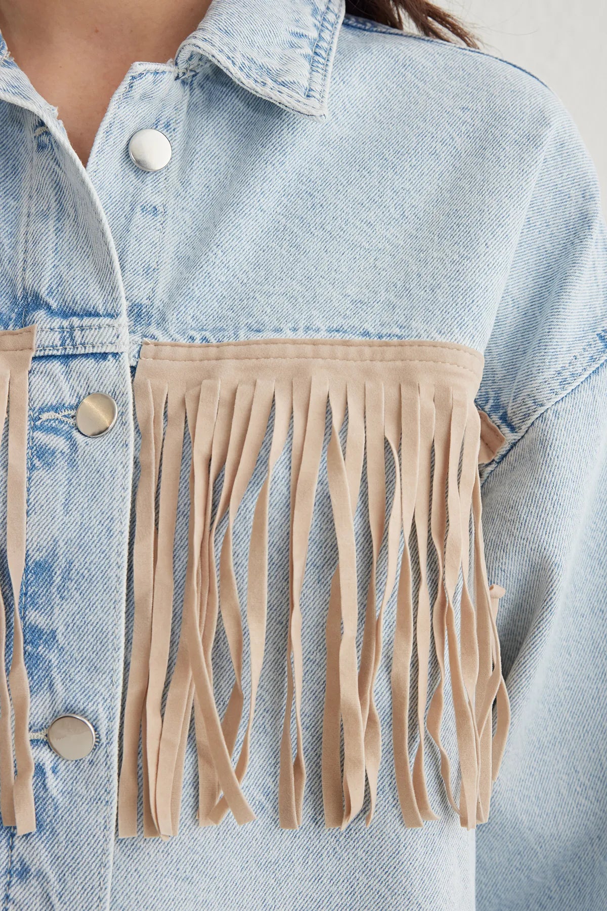 Light Blue Suede Tassel Oversize Denim Jacket