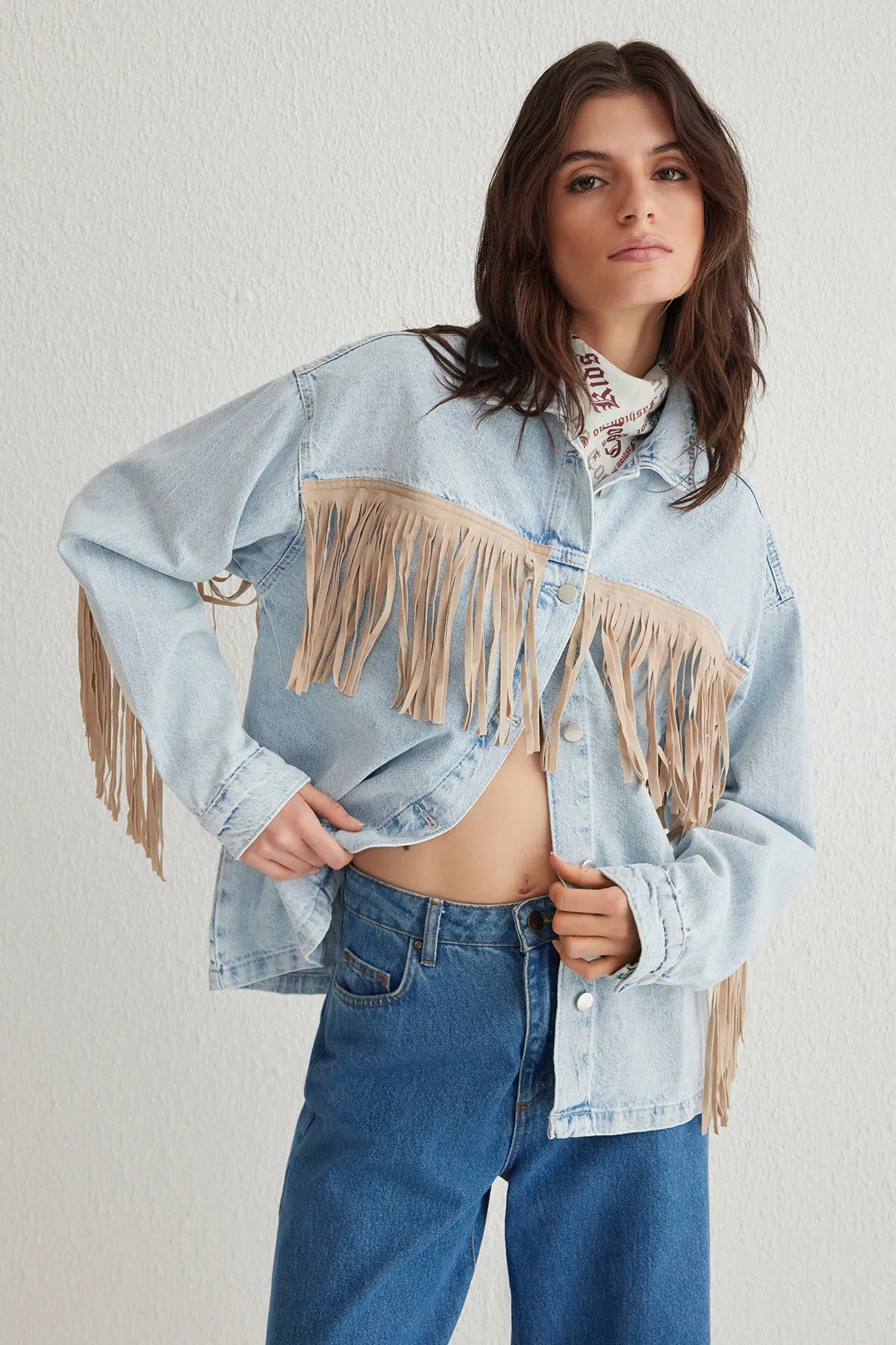 Light Blue Suede Tassel Oversize Denim Jacket