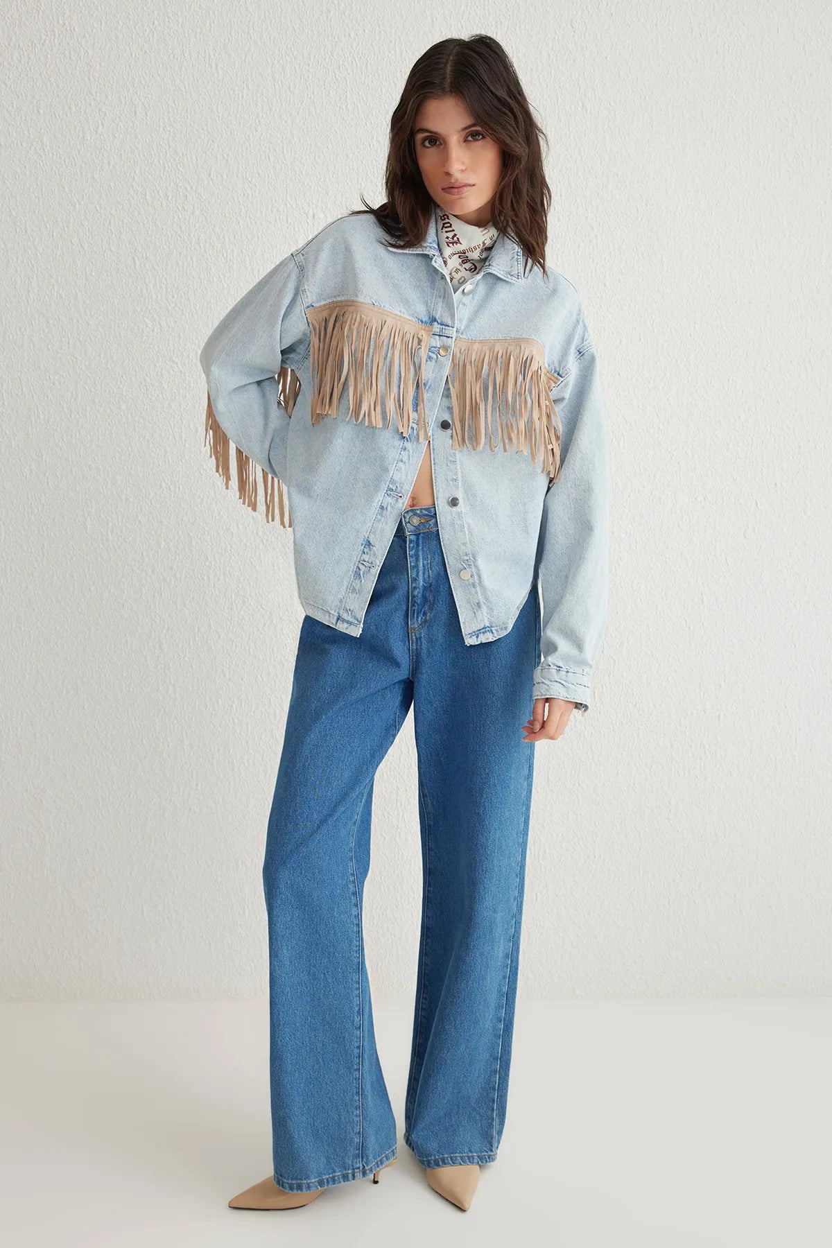 Light Blue Suede Tassel Oversize Denim Jacket