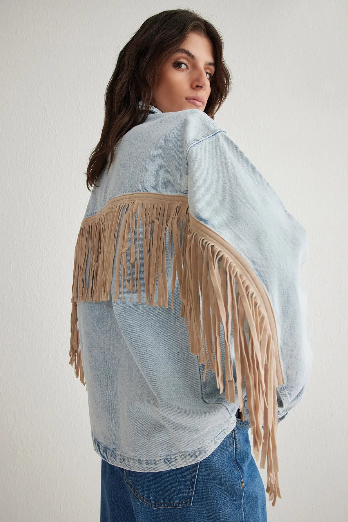 Light Blue Suede Tassel Oversize Denim Jacket