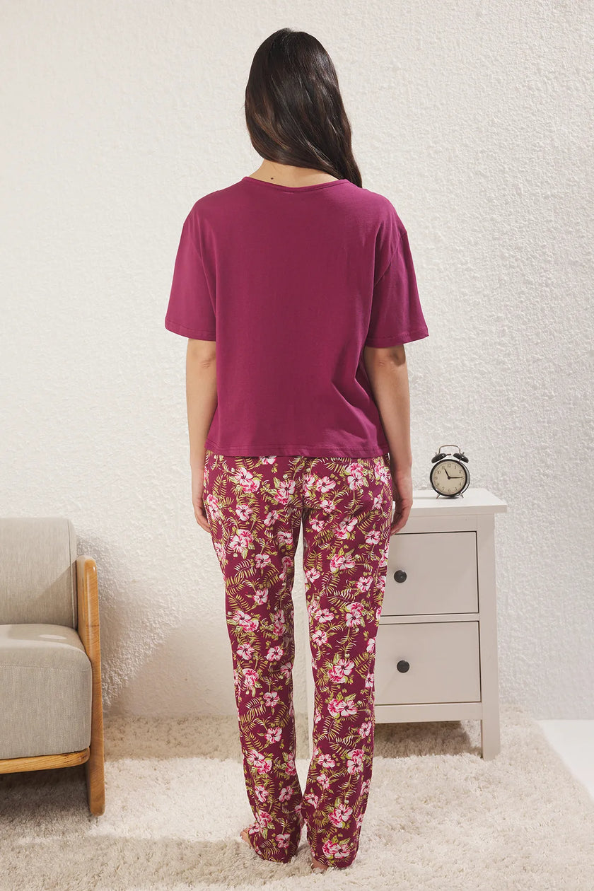 Fuchsia-Multicolored 100% Cotton Floral Knitted Pajama Set