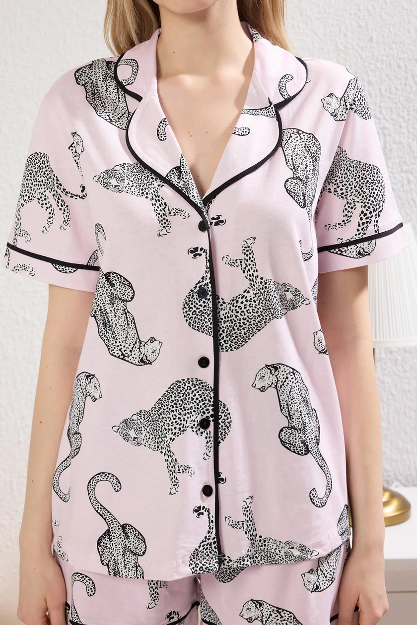 Tiger Patterned Shorts Knitted Pajama Set