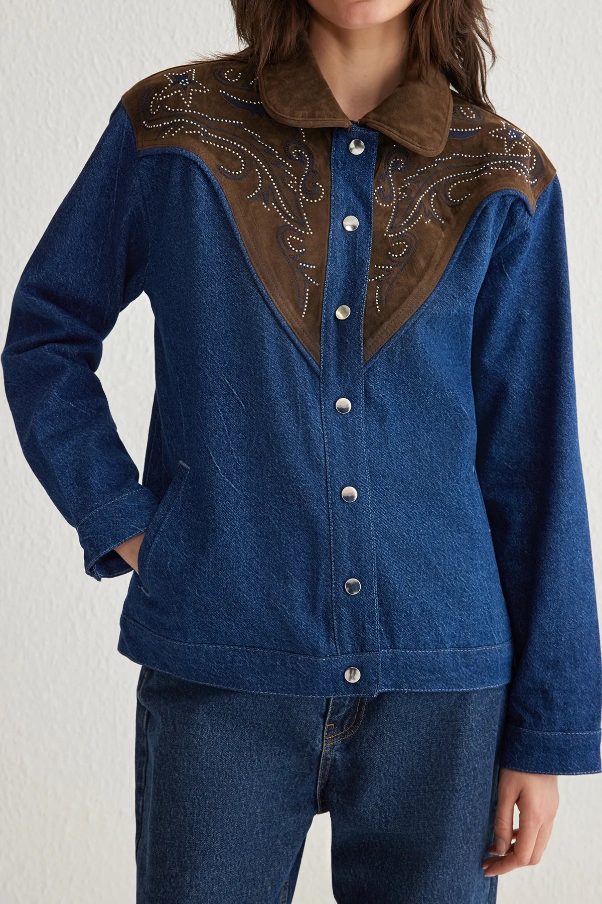 Blue Suede Collar Stone Embroidery Detailed Denim Jacket