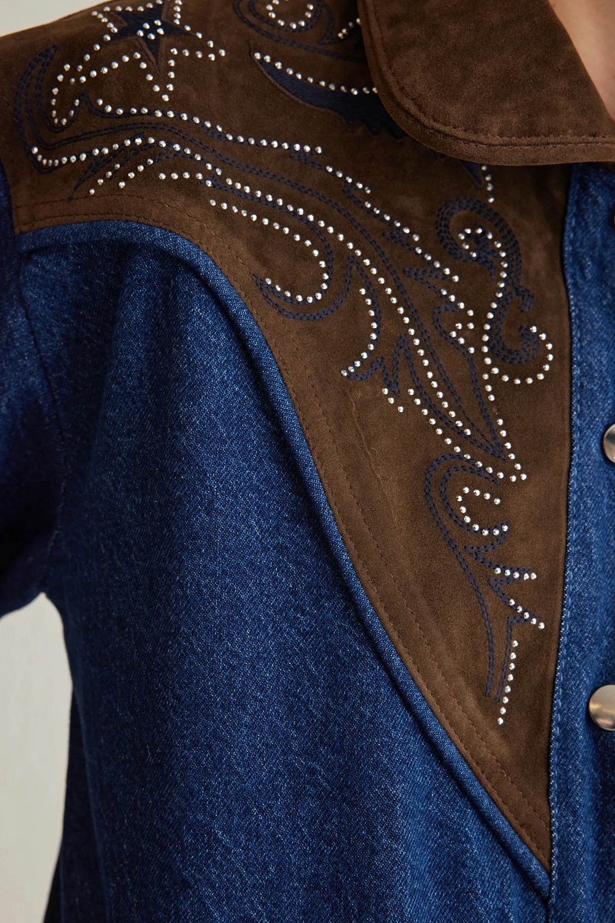 Blue Suede Collar Stone Embroidery Detailed Denim Jacket