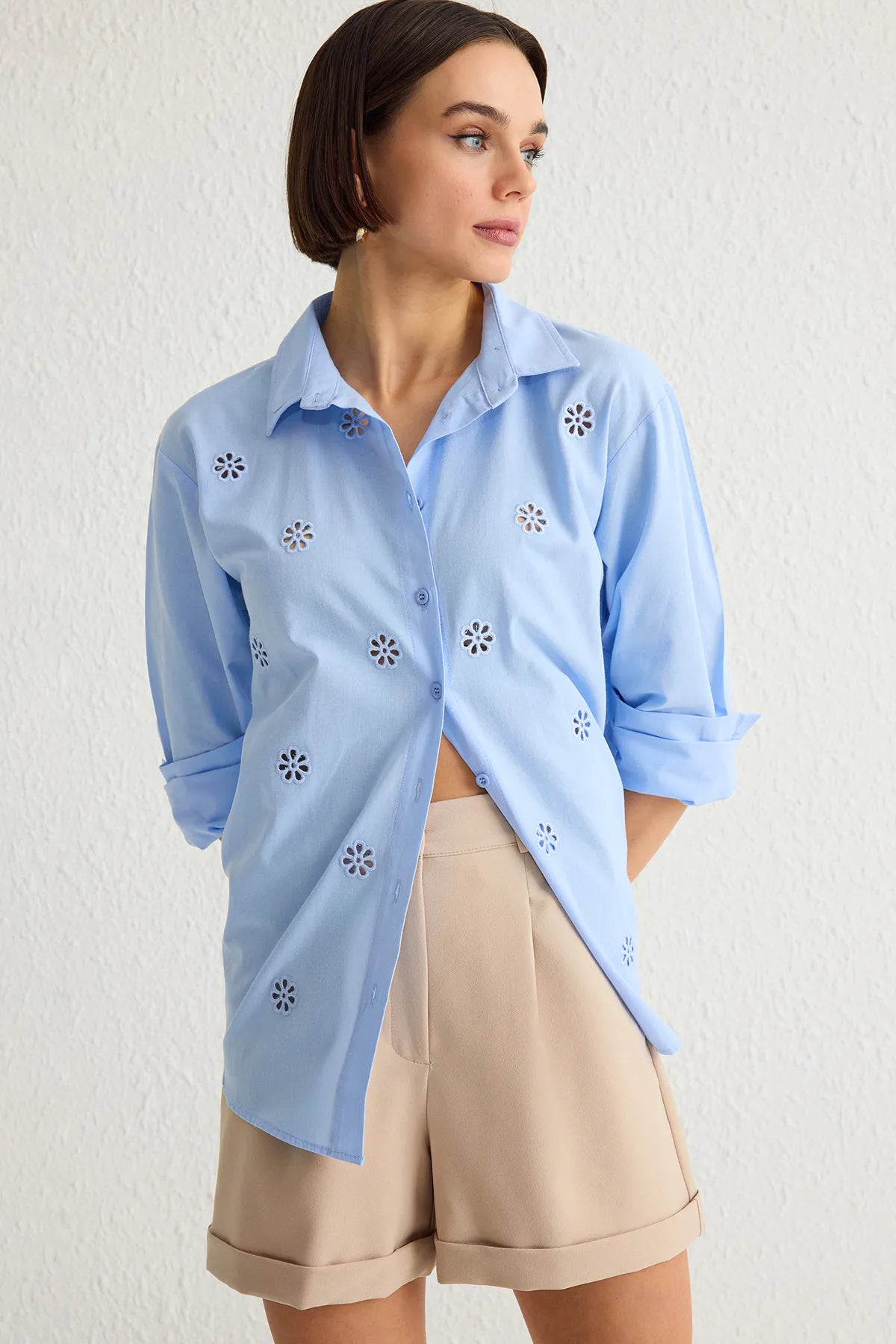 Light Blue Front Embroidery Detail Regular Fit Shirt