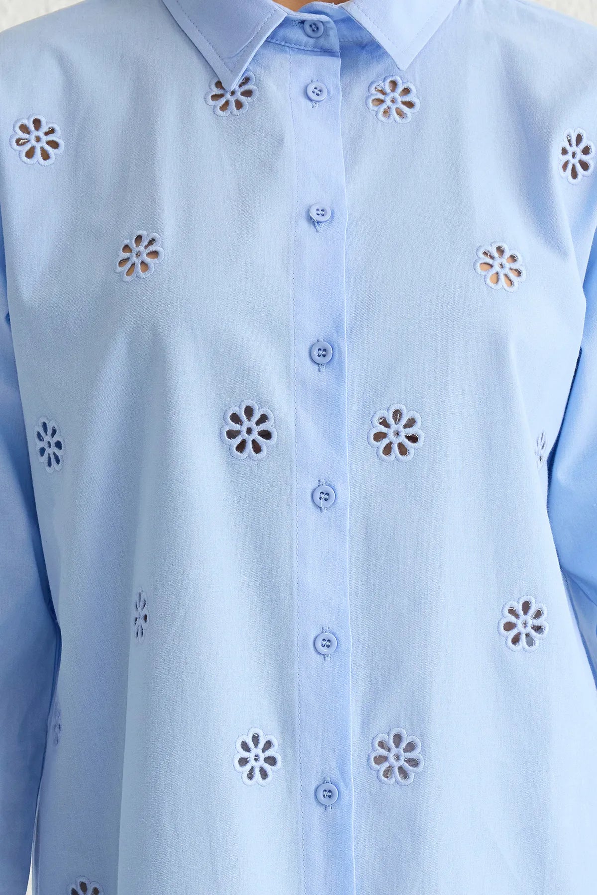 Light Blue Front Embroidery Detail Regular Fit Shirt