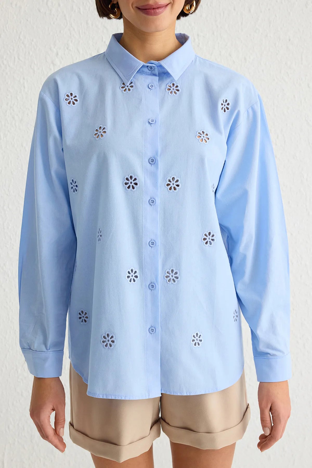 Light Blue Front Embroidery Detail Regular Fit Shirt