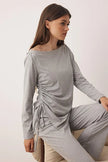 Gray Melange Cotton Gathered Detail Knit Pajama Set