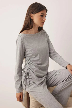Gray Melange Cotton Gathered Detail Knit Pajama Set