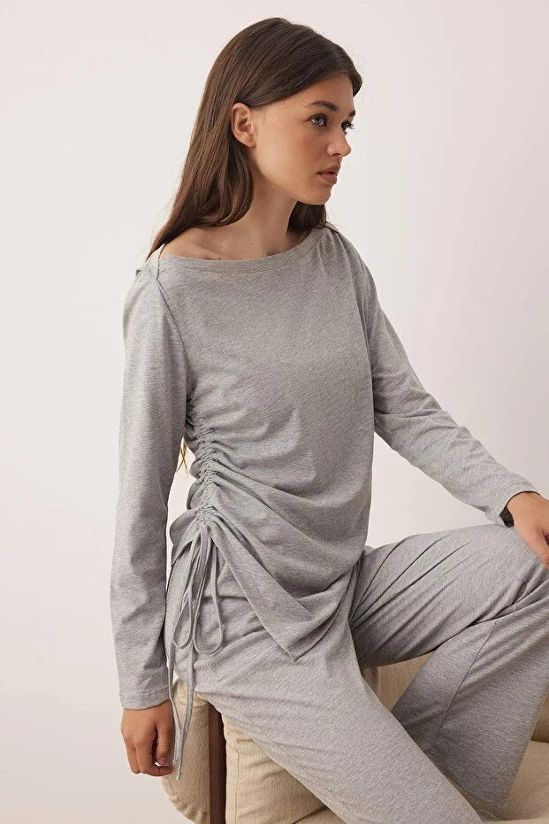 Gray Melange Cotton Gathered Detail Knit Pajama Set