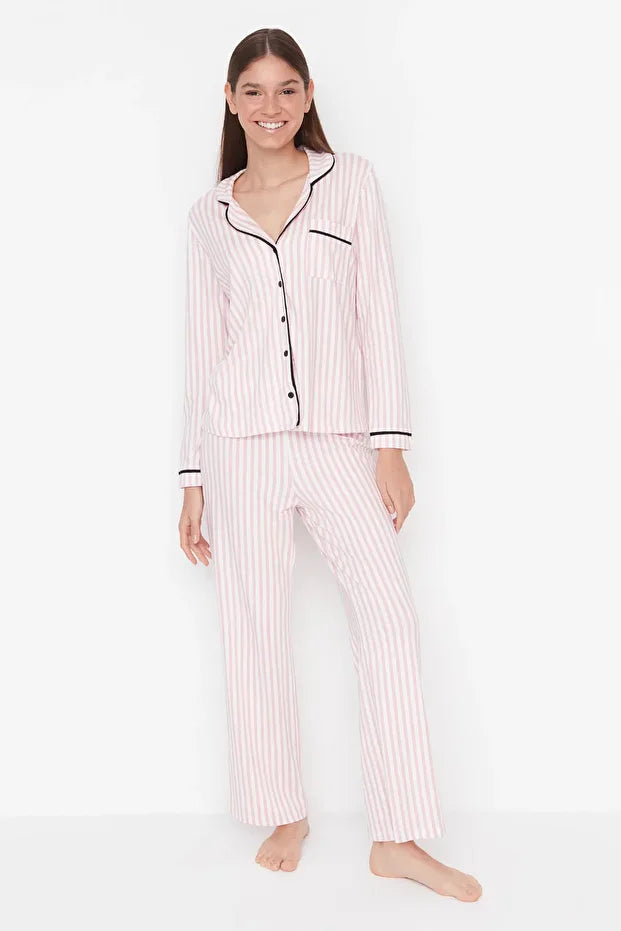 Powder 100% Cotton Striped Piping Detailed Knit Pajama Set