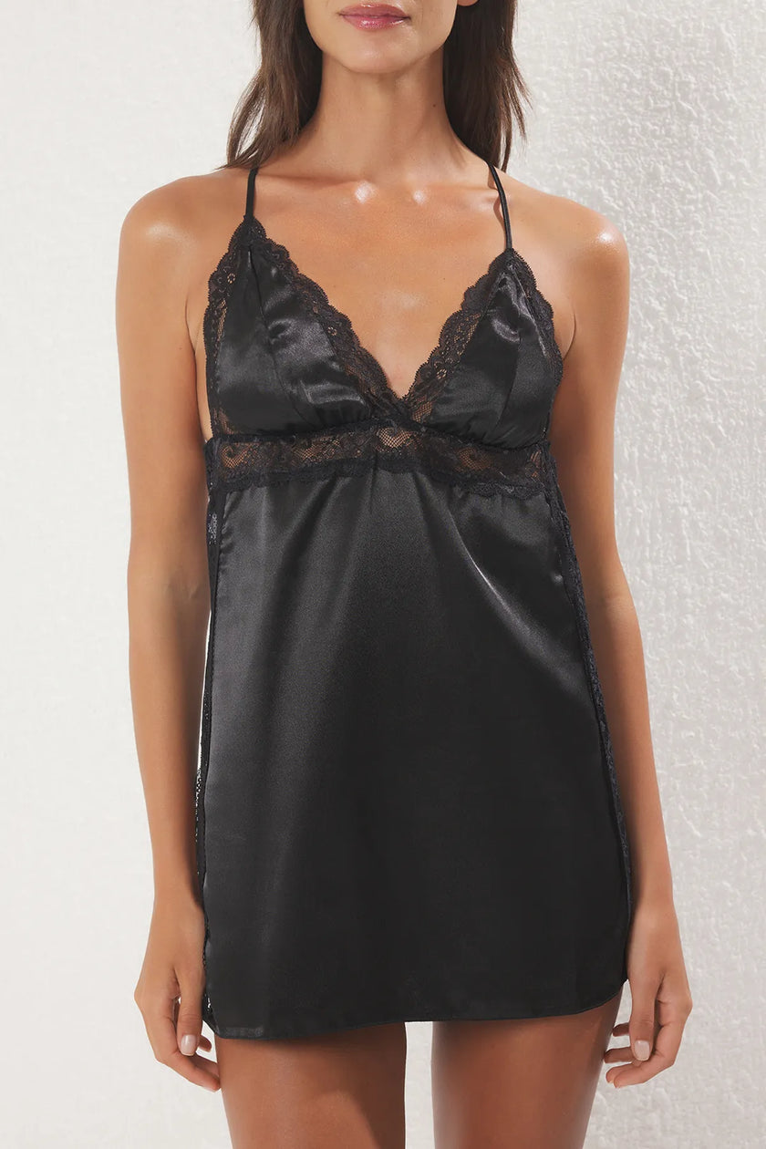 Black Satin Lace and Slit Detailed Rope Strap Woven Fantasy Nightgown