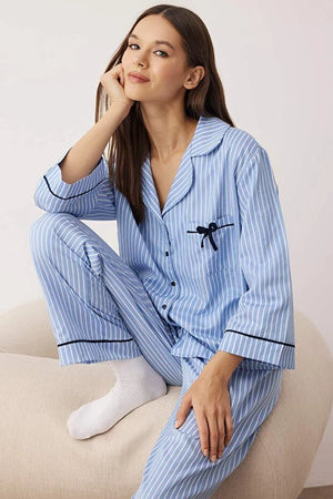 Blue Striped Poplin Woven Pajama Set