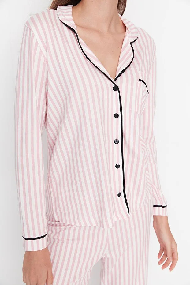 Powder 100% Cotton Striped Piping Detailed Knit Pajama Set