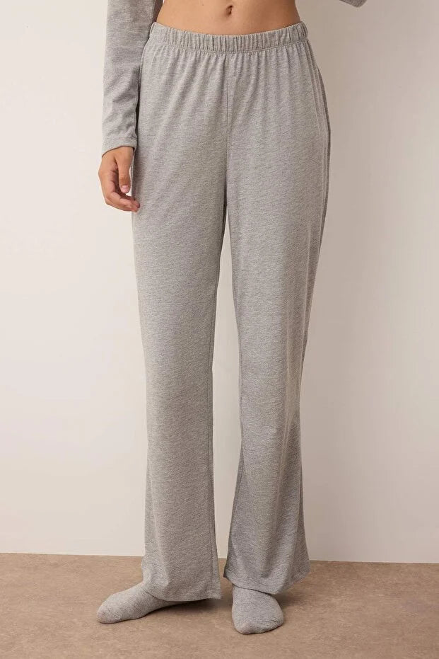 Gray Melange Cotton Gathered Detail Knit Pajama Set