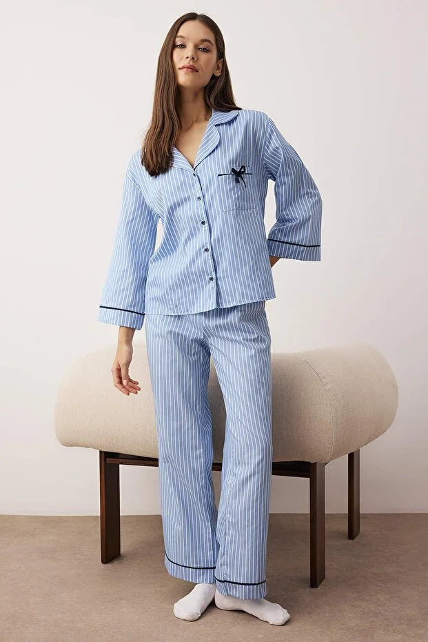 Blue Striped Poplin Woven Pajama Set