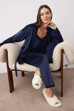 Navy Blue 3-Piece Lace Detailed Velvet Knitted Robe and Pajama Set