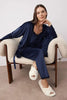Navy Blue 3-Piece Lace Detailed Velvet Knitted Robe and Pajama Set