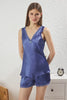 Navy Blue Lace and Rose Detailed Satin Shorts and Woven Pajama Set