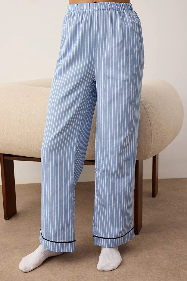 Blue Striped Poplin Woven Pajama Set