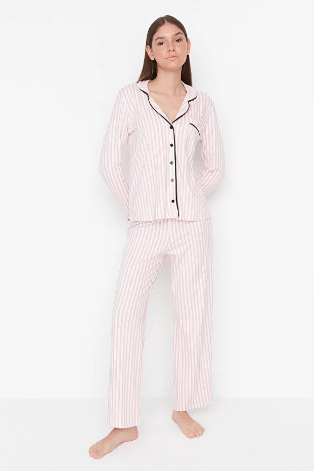 Powder 100% Cotton Striped Piping Detailed Knit Pajama Set
