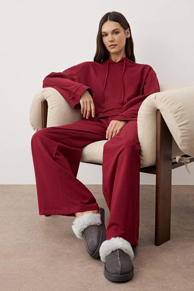 Burgundy Plain 2-Thread Combed Cotton Knit Pajama Set
