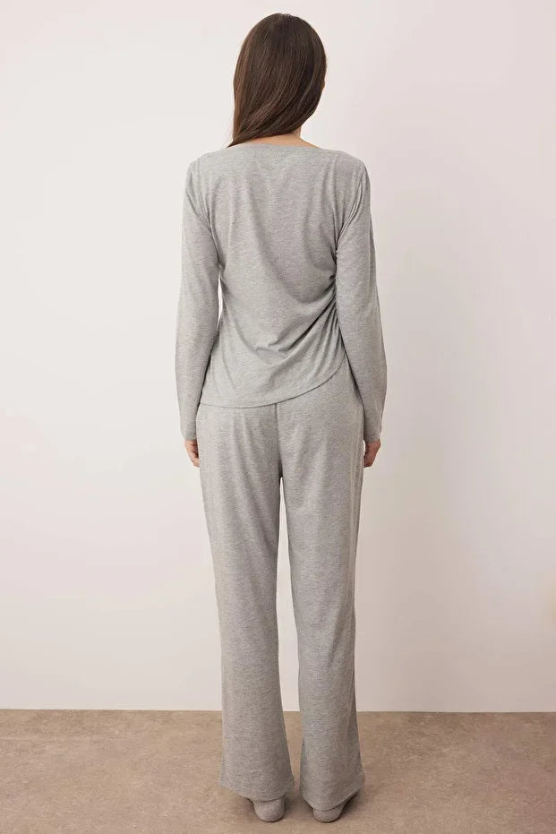 Gray Melange Cotton Gathered Detail Knit Pajama Set