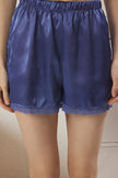 Navy Blue Lace and Rose Detailed Satin Shorts and Woven Pajama Set