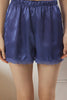 Navy Blue Lace and Rose Detailed Satin Shorts and Woven Pajama Set