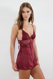 Burgundy Lace and Slit Rope Strap Knitted Fantasy Nightgown