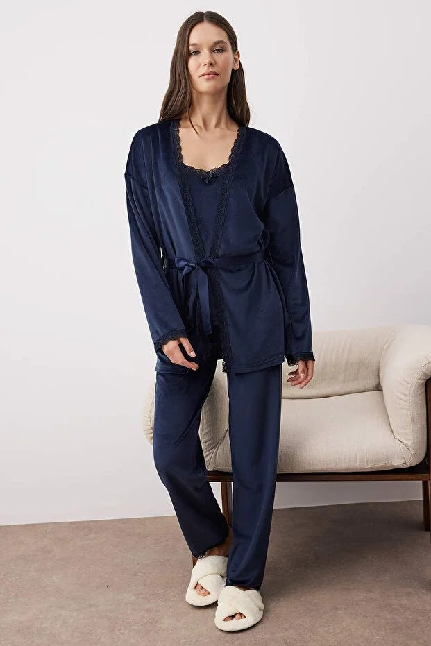 Navy Blue 3-Piece Lace Detailed Velvet Knitted Robe and Pajama Set
