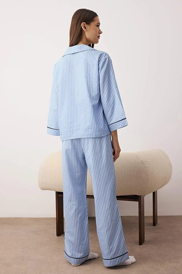 Blue Striped Poplin Woven Pajama Set