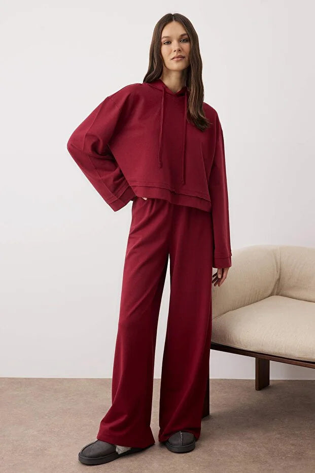 Burgundy Plain 2-Thread Combed Cotton Knit Pajama Set