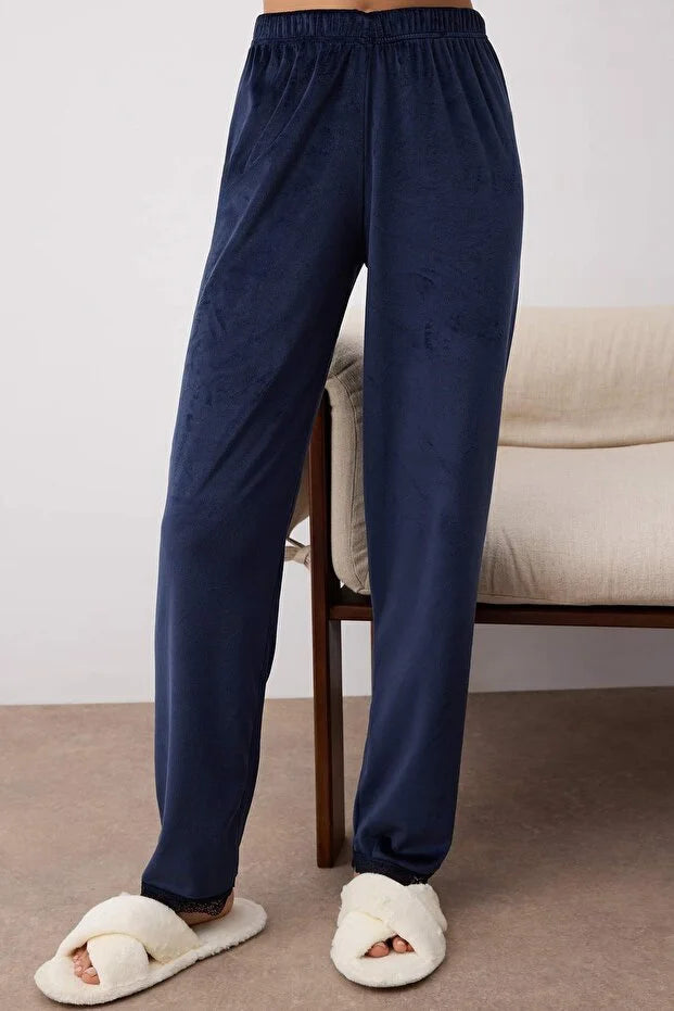 Navy Blue 3-Piece Lace Detailed Velvet Knitted Robe and Pajama Set