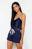 Navy Blue Woven Pajama Set with Satin Shorts and Ribbon/Bow/Tie Detail