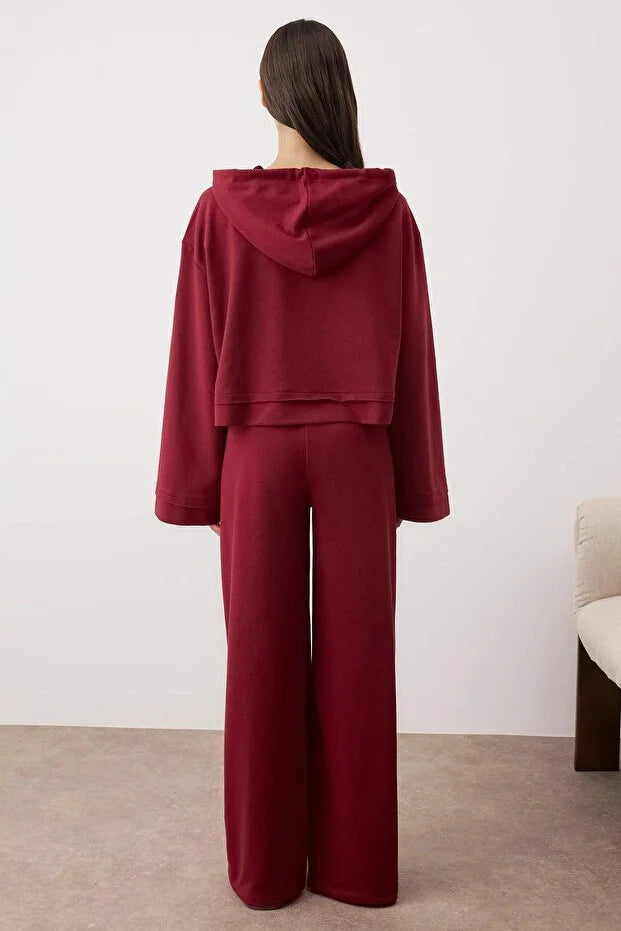 Burgundy Plain 2-Thread Combed Cotton Knit Pajama Set