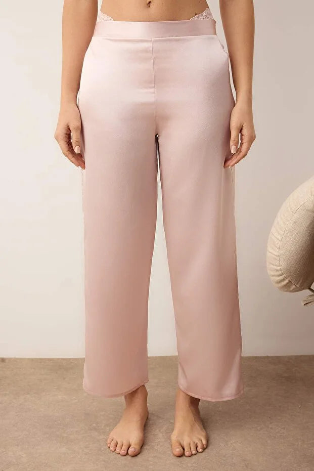 Pink 3-Piece Dowry Set: Lace Top, Satin Bottom, and Suspender Panty Woven Pajama Set