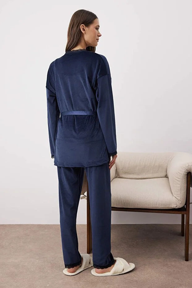 Navy Blue 3-Piece Lace Detailed Velvet Knitted Robe and Pajama Set